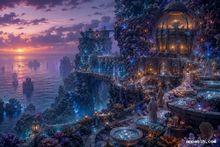 Ultra-detailed concept art of an immense coral cliff observatory above the ocean, where distant robed archivists harvest glowing memory pearls among lantern-lit terraces.