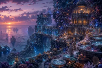 Cinematic concept art of a colossal botanical seed engine glowing inside a misty ruined valley with a lone traveler crossing a bridge.