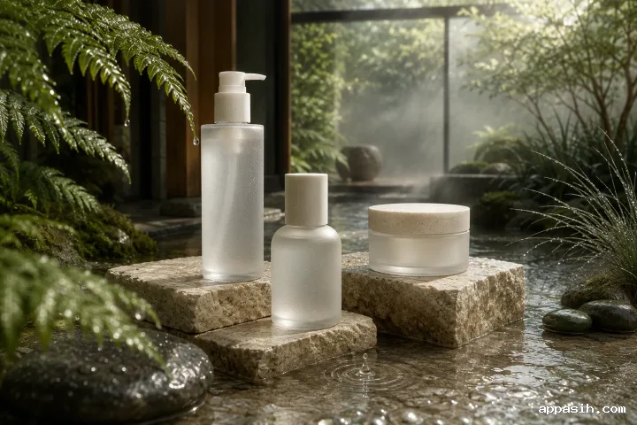 Three blank frosted cosmetic vessels on wet limestone pedestals viewed from a close low three-quarter angle, with a falling fern droplet, botanical mist, pearl-silver light, and rain-polished foreground details.