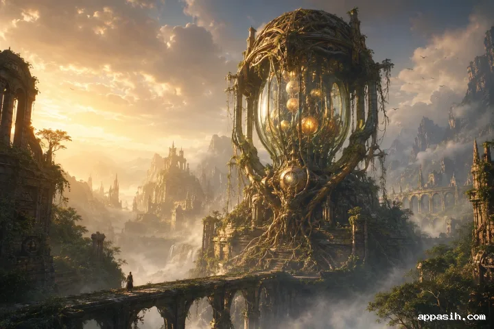 Ultra-detailed concept art of a monumental ancient seed engine preserving glowing capsules inside an overgrown crater valley as a cloaked traveler approaches.