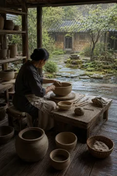 Anonymous pottery artisan shaping a plain earthenware bowl by hand inside a traditional timber workshop beside a rain-washed garden courtyard.