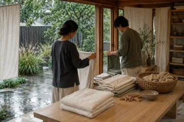 Two anonymous adults folding natural linens at a pale-oak table on a sheltered garden laundry terrace during gentle morning rain.