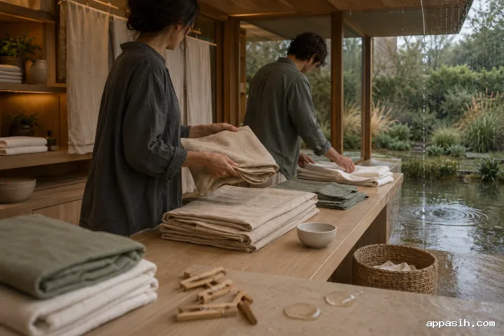 Close three-quarter view of two anonymous adults folding ivory and beige linens on a sheltered garden laundry terrace as rain beads on the glazing and a droplet ripples a puddle outside.
