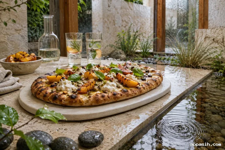 Close three-quarter view of charred peach flatbread with creamy cheese and basil on a rainy limestone courtyard table, with sparkling peach drinks and a water ripple nearby.