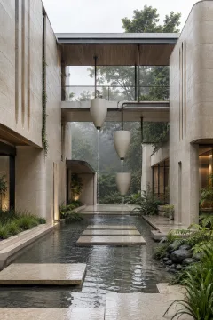 Portrait view of a contemporary pale limestone rainwater courtyard with suspended ivory ceramic spillways releasing water into a reflective central basin during a gentle morning shower.