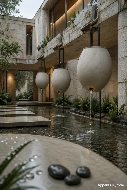 Close three-quarter portrait view of a pale limestone rain-harvesting courtyard with three suspended ivory ceramic spillways, reflective water, wet stepping stones, and a falling droplet during an overcast morning shower.