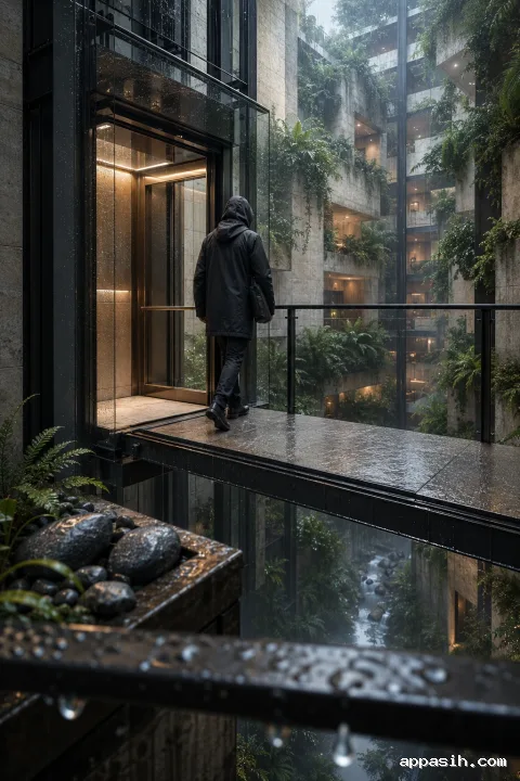Low three-quarter cinematic view of an anonymous courier stepping from a rain-beaded glass elevator onto a suspended bridge inside a misty vertical garden atrium.