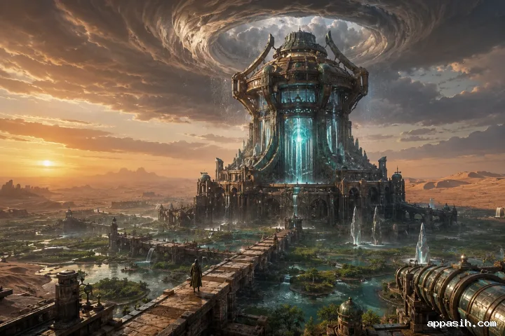 Ultra-detailed concept art of a monumental desert rain engine generating a storm above an ancient crater as a cloaked hydrologist watches the landscape revive.
