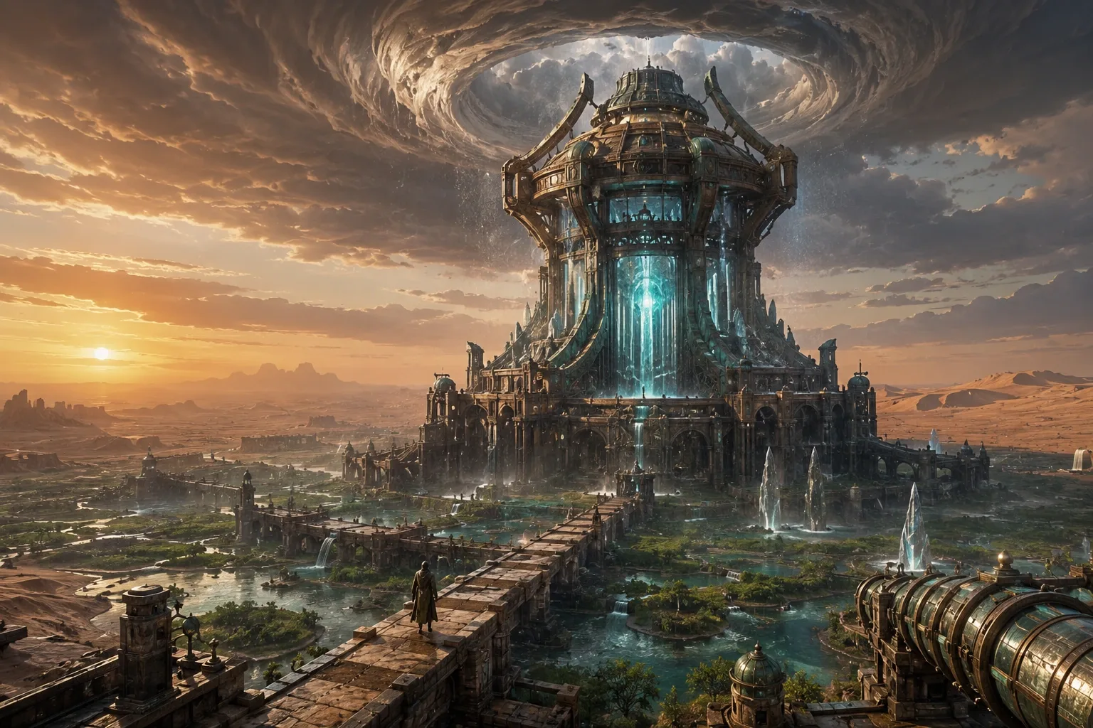 Cinematic concept art of an ancient tidal archive cathedral rising from the ocean floor at dawn with a lone archivist crossing a bridge.
