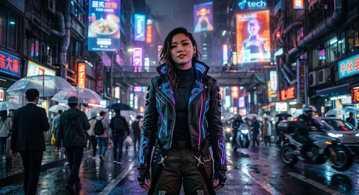 Premium cyberpunk portrait of a futuristic woman in a neon city with rain reflections and cinematic lighting