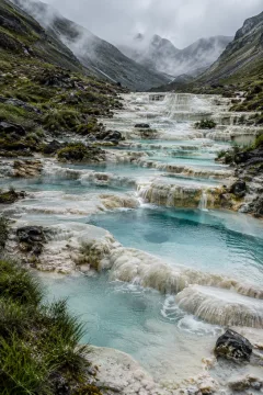 Portrait view of ivory silica terraces filled with pale turquoise mineral pools cascading through a rain-soaked misty mountain valley.