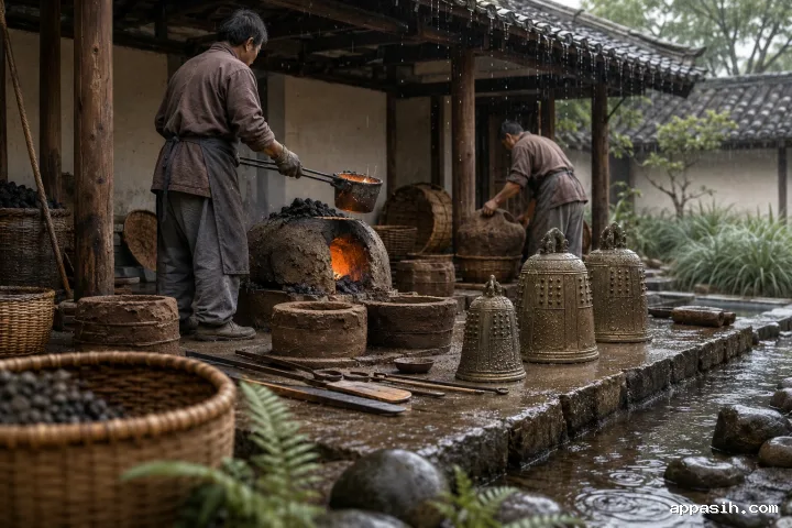 Closer three-quarter view of two anonymous bronze bell artisans working beside clay molds and a small furnace in a rain-washed traditional courtyard.