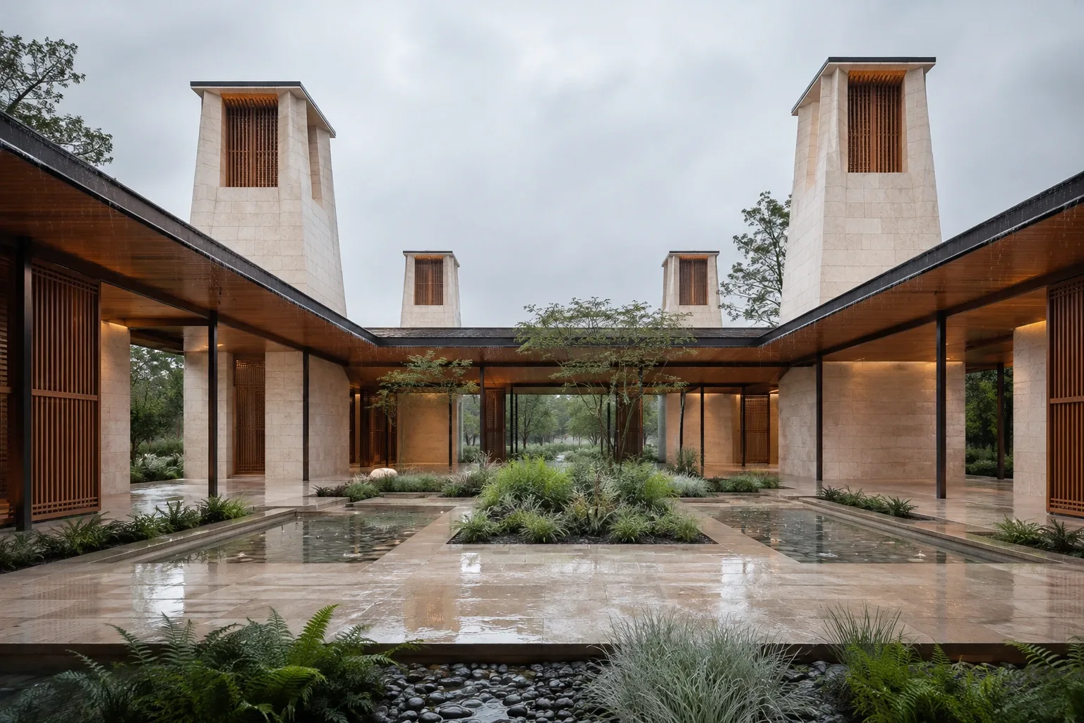 Rain-washed contemporary limestone courtyard pavilion with four sculptural windcatcher towers, timber louvers, sheltered walkways, shallow cooling basins, and restrained greenery.
