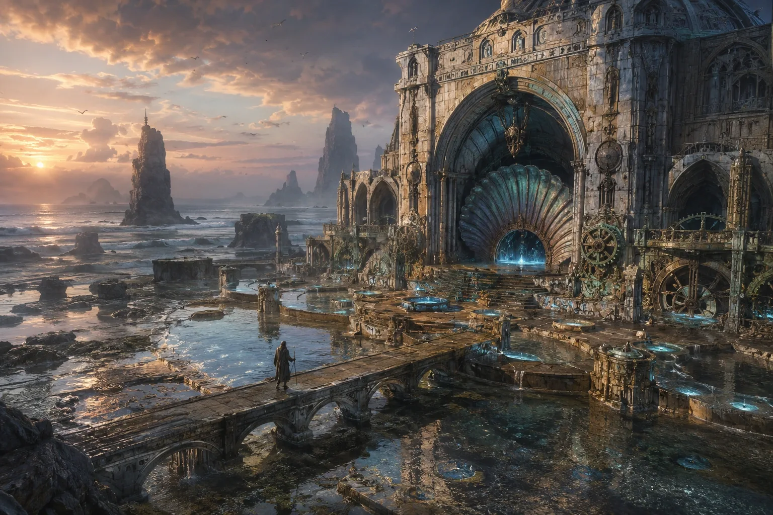 Cinematic concept art of an ancient volcanic foundry glowing inside a massive blue glacier with a lone smith crossing a bridge.