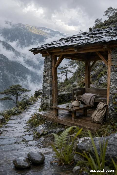 Detailed portrait travel scene from a closer low three-quarter viewpoint of a rain-soaked mountain tea shelter, with wet stones and grasses in the foreground and misty layered valleys beyond.