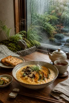 Pumpkin miso rice porridge with roasted pumpkin, mushrooms, tea and ceramic tableware beside rain-covered garden windows.