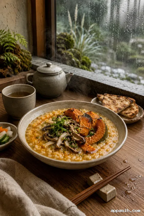 Close three-quarter view of steaming pumpkin miso rice porridge with roasted pumpkin, mushrooms, tea and rain-covered garden glazing.