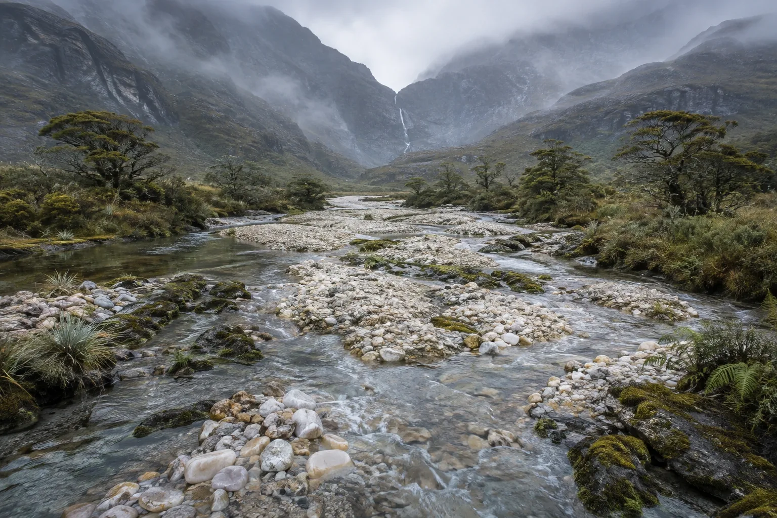 Rain-washed braided mountain river flowing among pale quartz gravel bars, mossy rock shelves, silver-green grasses, and misty blue-gray ridges.
