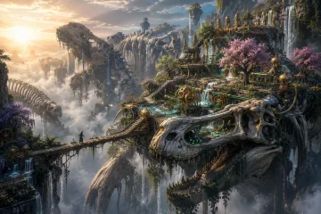 Cinematic concept art of a floating garden sanctuary built across colossal fossil skeletons above a misty canyon.