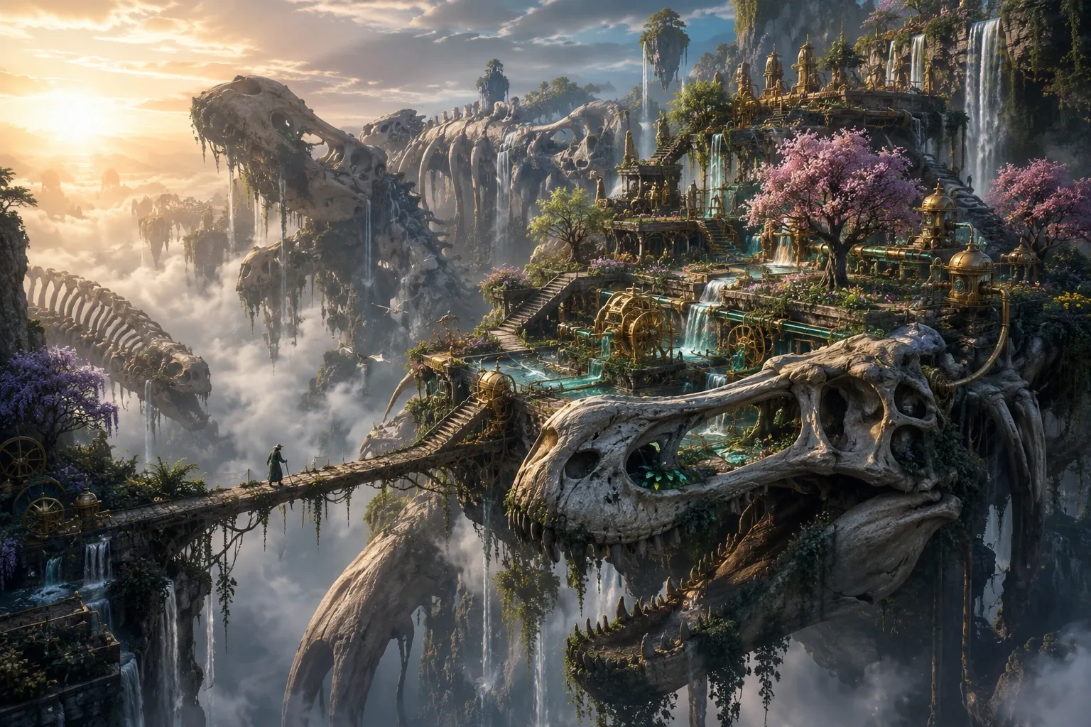 Cinematic concept art of a floating garden sanctuary built across colossal fossil skeletons above a misty canyon.