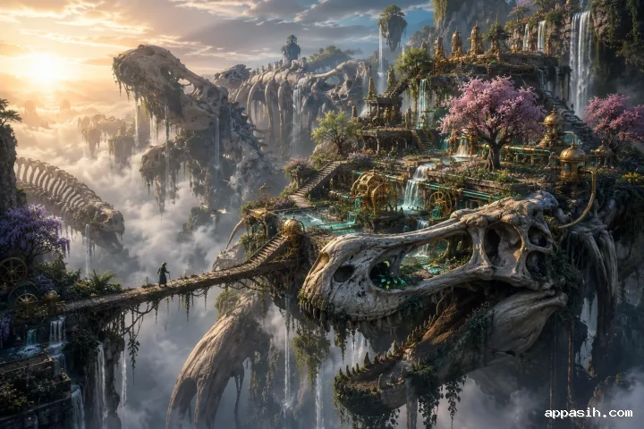 Ultra-detailed concept art of a vast floating botanical sanctuary constructed across colossal fossil skeletons above a cloud-filled canyon.