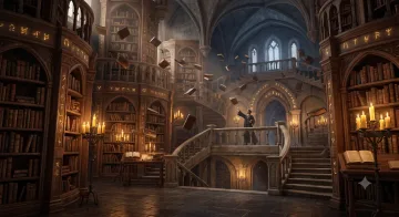 Magical ancient library with floating books, glowing candles, and warm cinematic lighting