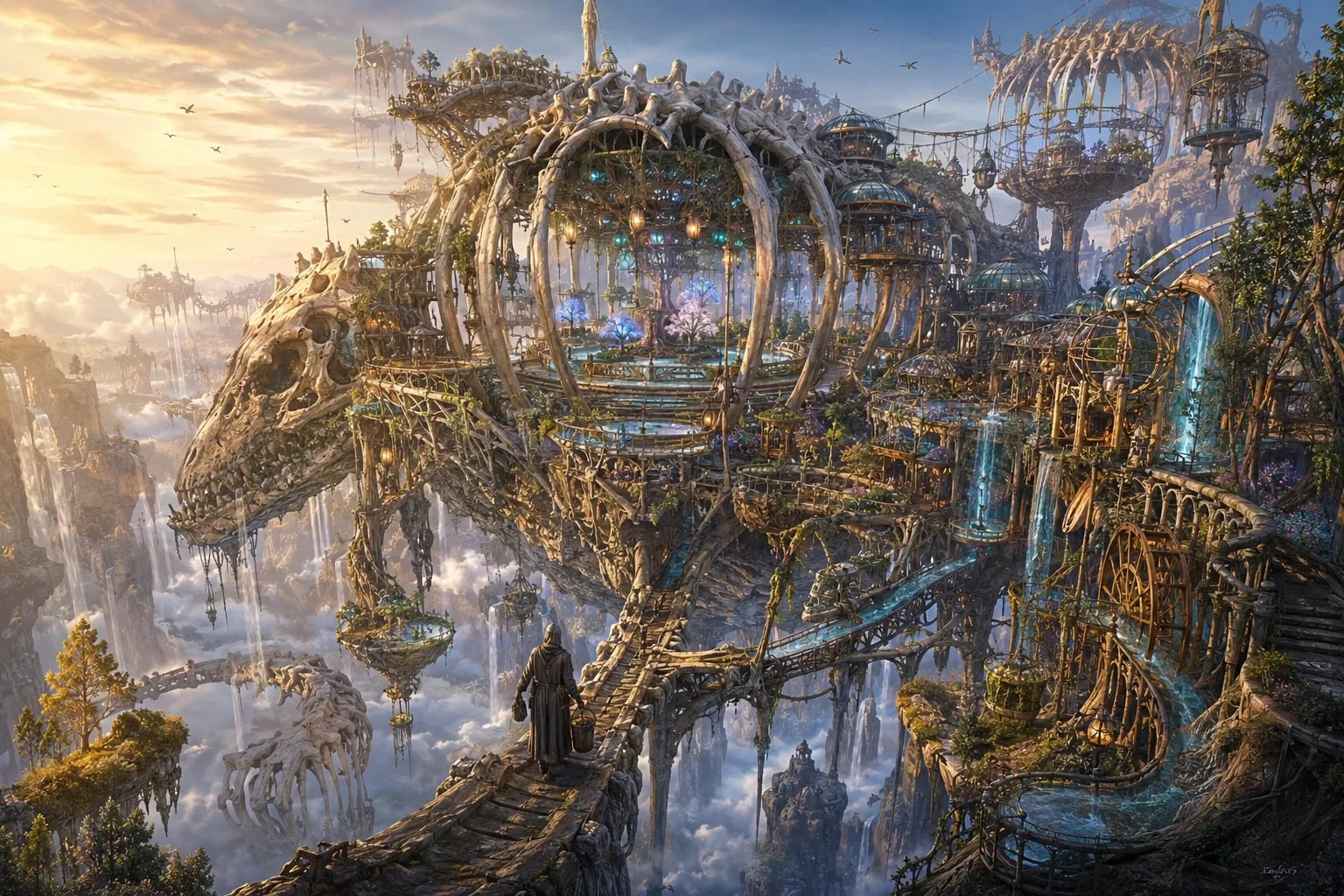 Cinematic concept art of a mobile desert caravan city surrounding a luminous moonwell beneath a dramatic night sky.