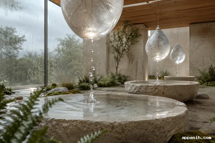 Closer low three-quarter view of a surreal conservatory where droplets and streams rise from limestone basins into suspended translucent seed-like vessels during morning rain.