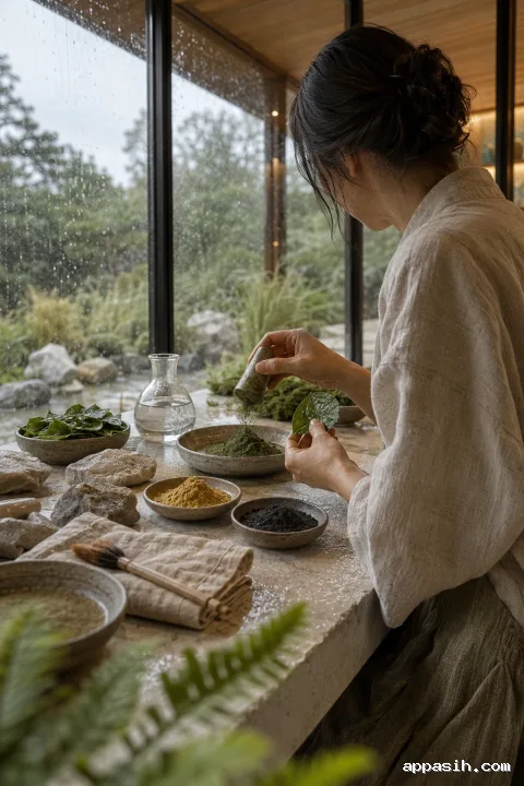 Close rear three-quarter portrait of an anonymous botanical pigment keeper comparing a damp leaf with freshly ground green pigment in a rainy limestone conservatory.