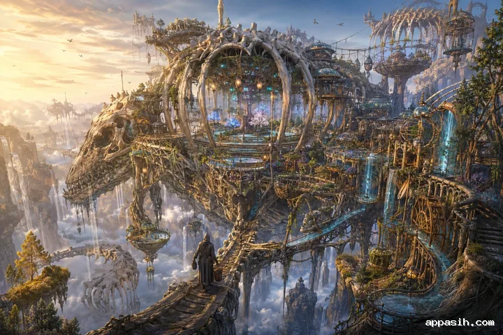 Ultra-detailed concept art of a colossal mobile desert city assembled around a glowing moonwell while a cloaked traveler observes from a dune ridge.