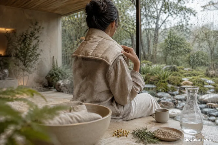 Close rear three-quarter view of an anonymous adult adjusting a warm linen botanical neck wrap in a rain-soaked limestone conservatory wellness alcove.