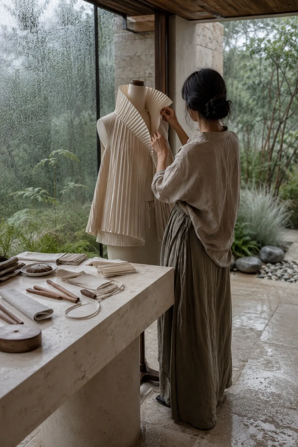 Anonymous fashion artisan shaping an architectural ivory pleated collar on a neutral garment displayed in a rain-washed contemporary conservatory atelier.