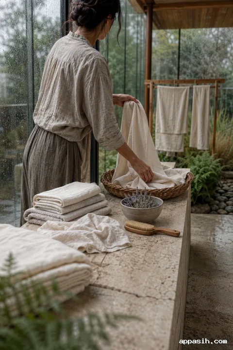 Closer side-rear view of an anonymous adult lowering freshly smoothed ivory linen into a woven basket beside rain-beaded conservatory glazing.