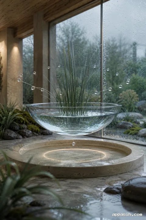 Closer low three-quarter view of a floating translucent glass moonwell in a rainy conservatory, with silver-green reeds, hovering pearl-like droplets, reflective limestone, and one droplet suspended beneath the vessel.