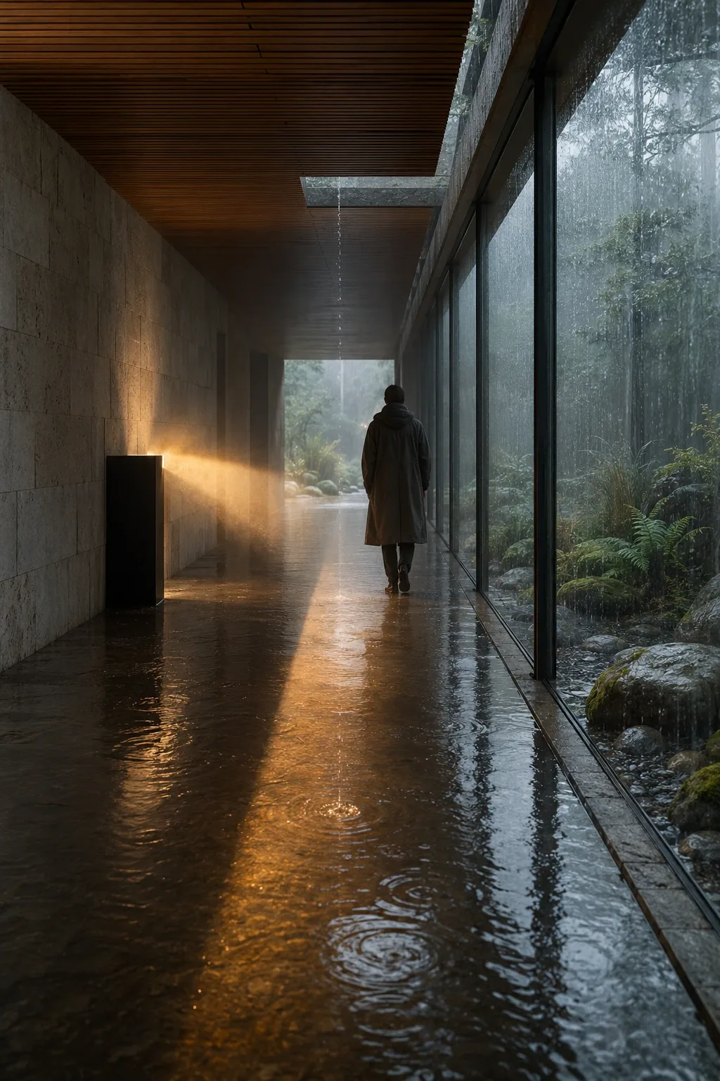 Anonymous figure walking through a rain-soaked contemporary glass passage with shallow reflective water and a warm projection beam cutting through cool mist.