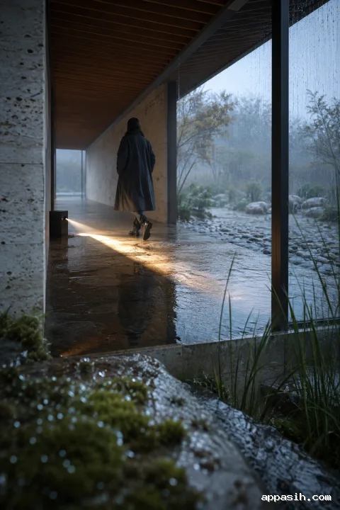 Closer low three-quarter cinematic view of an anonymous rain-coated figure stepping through a warm projection beam in a misty glass passage as a droplet ripples the shallow reflective water.