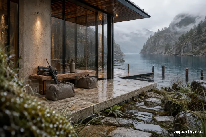 Closer low three-quarter view of a rain-beaded glass landing lodge above a misty tidal fjord, with neutral travel cases, wet limestone, timber decking, coastal grasses, and layered rainy foreground detail.