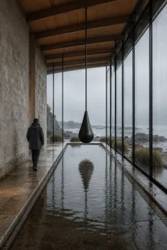 Anonymous traveler walking through a rain-washed limestone coastal pavilion beneath a monumental suspended pendulum above a shallow reflective water channel.