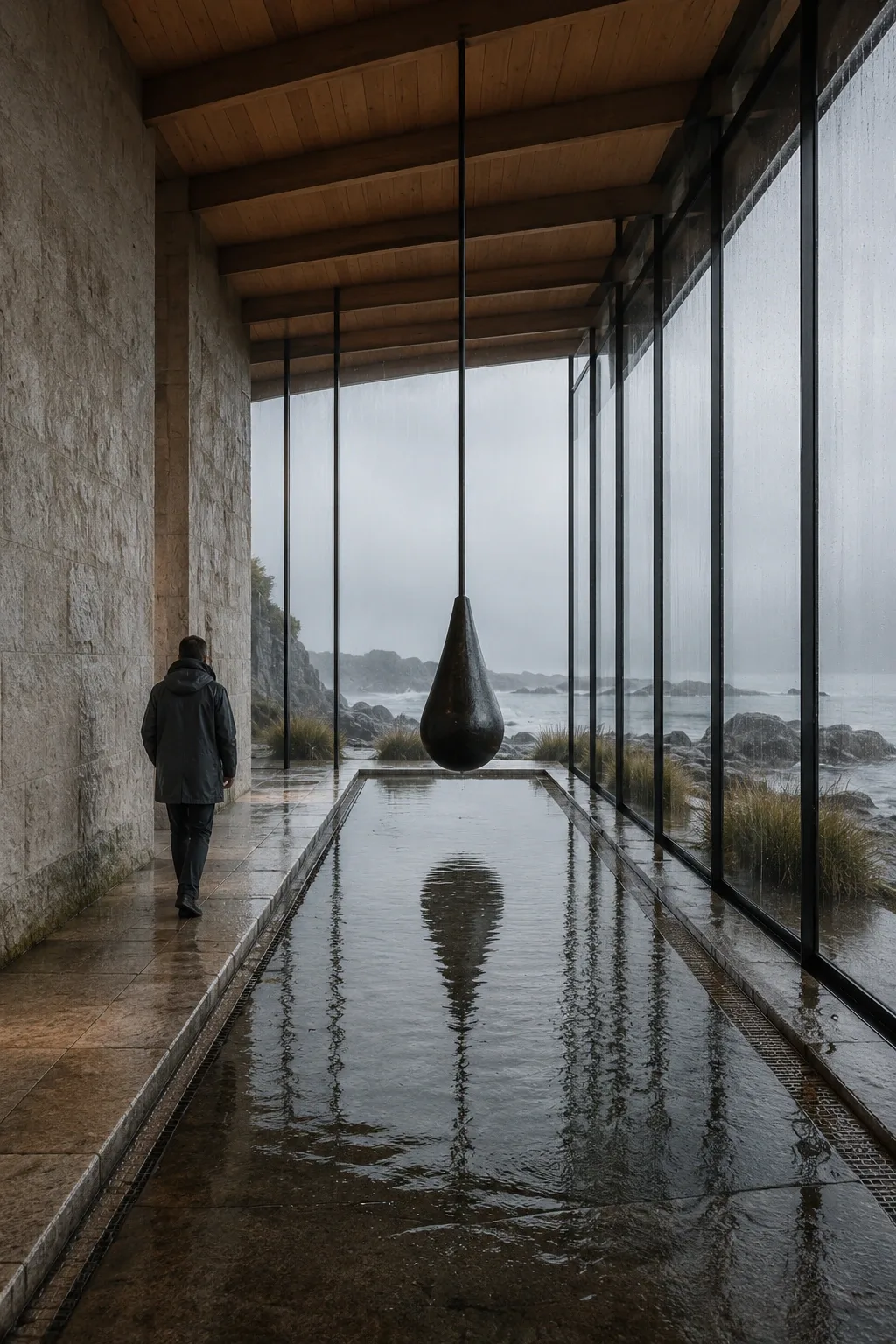 Anonymous traveler walking through a rain-washed limestone coastal pavilion beneath a monumental suspended pendulum above a shallow reflective water channel.