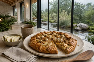 Savory pear and barley galette with miso glaze on a limestone table inside a rain-soaked contemporary glass conservatory.