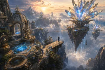 Cinematic concept art of an ancient wind-powered library descending into a vast desert sinkhole at sunset.