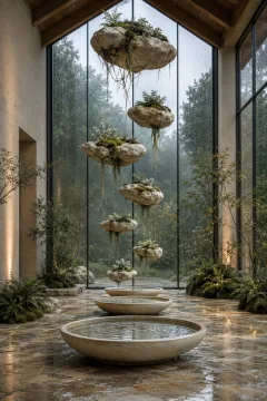 Portrait surreal glass conservatory with pale limestone stones floating above reflective ceramic water basins while delicate roots and moss hang through rainy overcast air.
