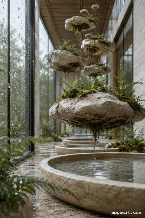Closer low three-quarter portrait view of floating limestone stones and hanging roots above reflective ceramic basins in a rain-covered glass conservatory as a droplet creates a small ripple.