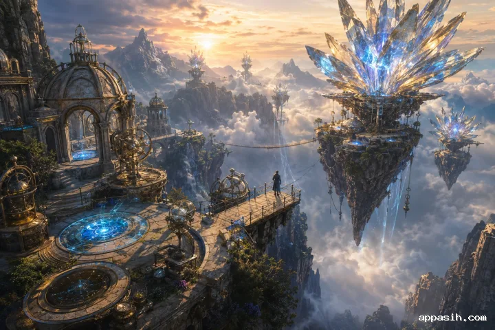 Ultra-detailed concept art of a monumental wind-powered archive spiraling through a desert sinkhole as a hooded librarian observes floating books and memory vessels.