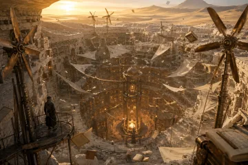 Cinematic concept art of an ancient mountain quarry producing glowing floating lantern crystals above a misty valley.