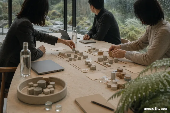 Close three-quarter view of anonymous finance professionals moving unmarked ceramic allocation blocks across a limestone strategy table in a rain-lit corporate atrium.