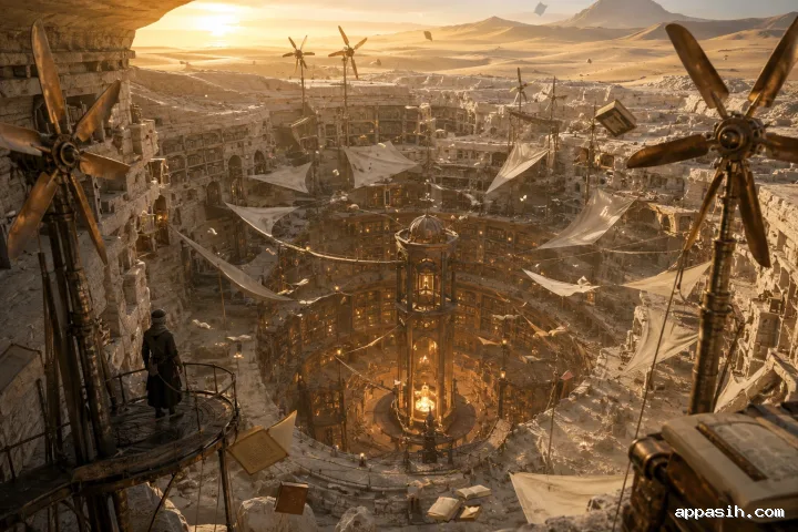 Ultra-detailed concept art of a monumental acoustic crystal quarry where glowing fragments are shaped into floating lantern stones above a cloud-filled canyon.