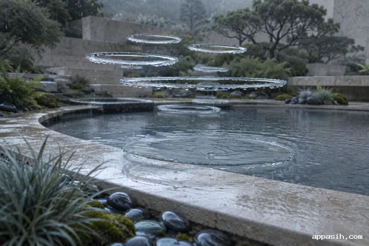 Close cinematic view of transparent circular water ripples lifting from a rain-covered reflecting basin and hovering above a misty limestone garden.