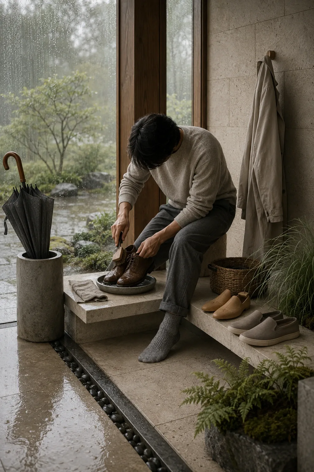 Anonymous adult brushing rain-damp walking shoes beside a limestone bench in a serene contemporary garden entryway during an overcast morning shower.