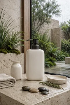 Unbranded warm off-white ceramic hand wash dispenser with a matte charcoal pump on a pale limestone ledge beside rain-beaded conservatory glass and soft green plants.